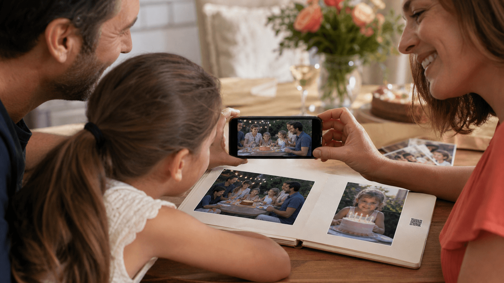 Famille regardant une vidéo à côté d'un album imprimé ouvert
