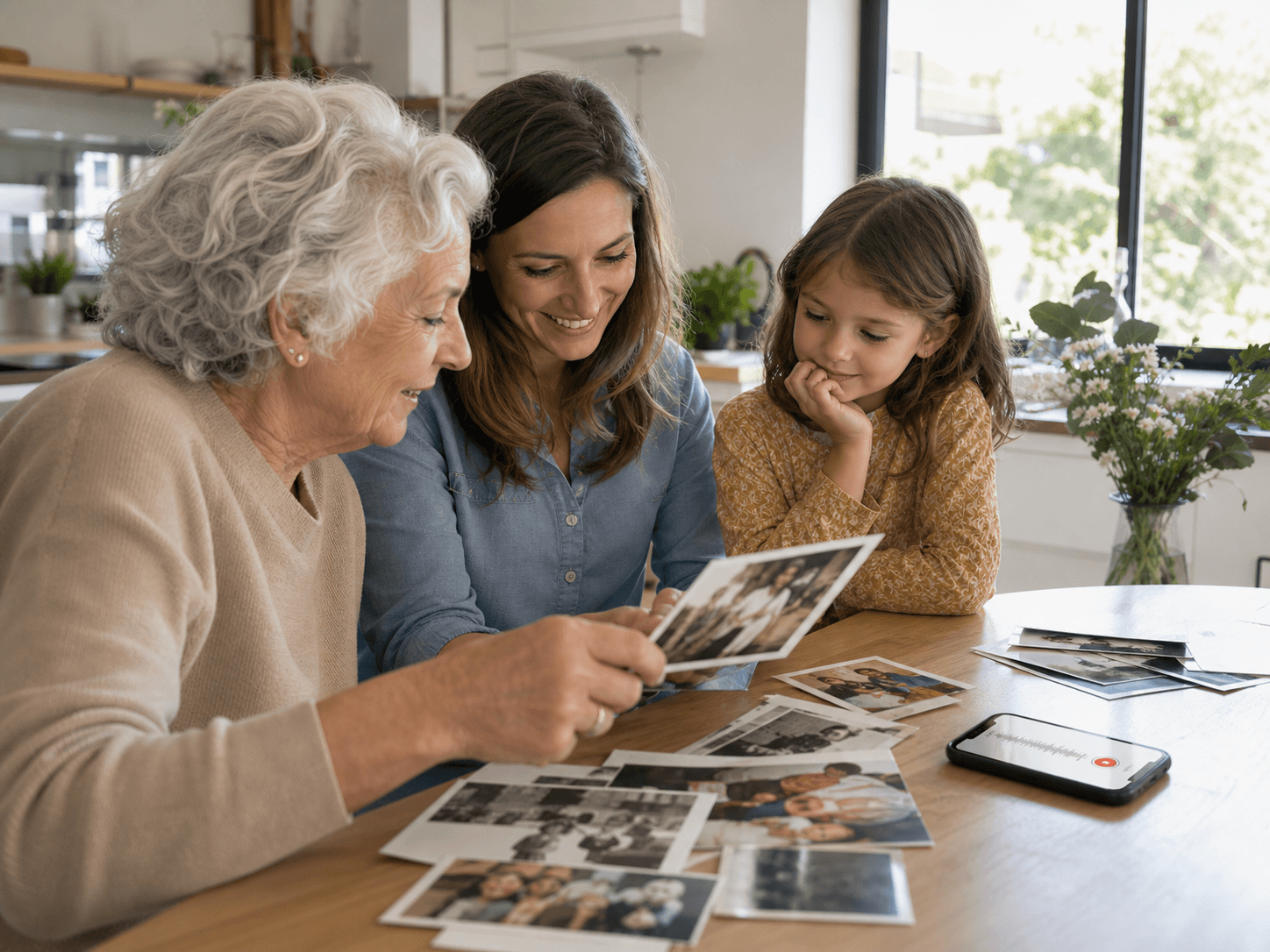 Trois générations regardent des photos de famille
